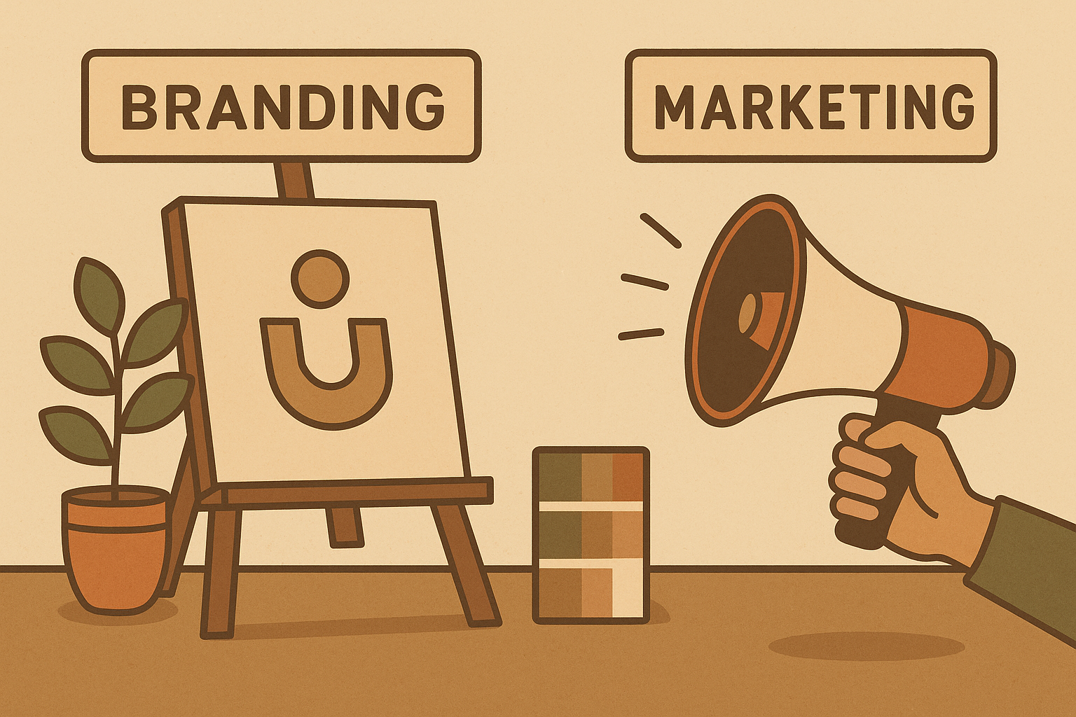 Vintage-style digital illustration showing the difference between branding and marketing: on the left, an easel with a brand symbol and color palette; on the right, a hand holding a megaphone, all in earthy Chrysalis colors.
