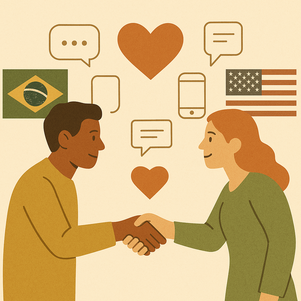 Vintage-style digital illustration of a Brazilian man and an American woman shaking hands, surrounded by message icons, hearts, smartphones, and the Brazilian and U.S. flags, symbolizing multicultural connection and communication.